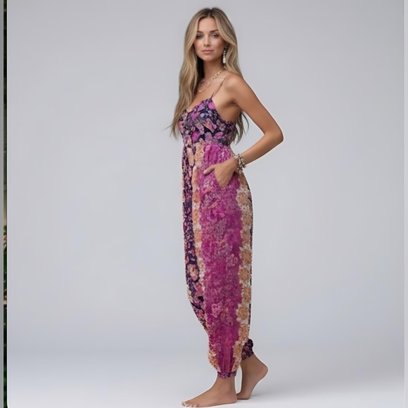 Boho Floral Print Button Front Cami Jumpsuit - Picture 2 of 6